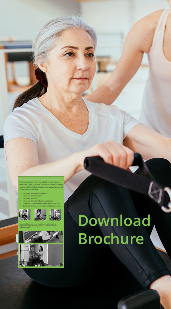 Picture of woman receiving Pilates therapy under the PTbyOrthoTeam Brochure.