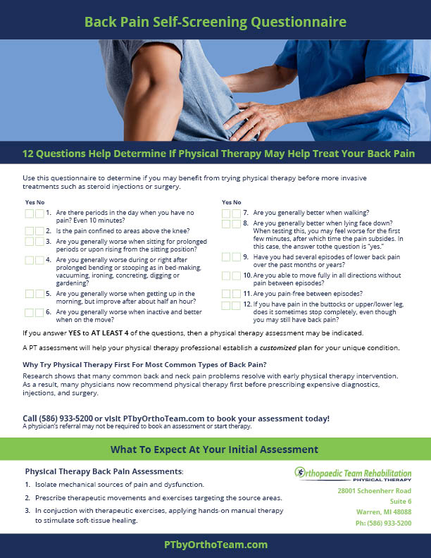Orthopaedic Team Rehabilitation Back Pain Self-Assessment 