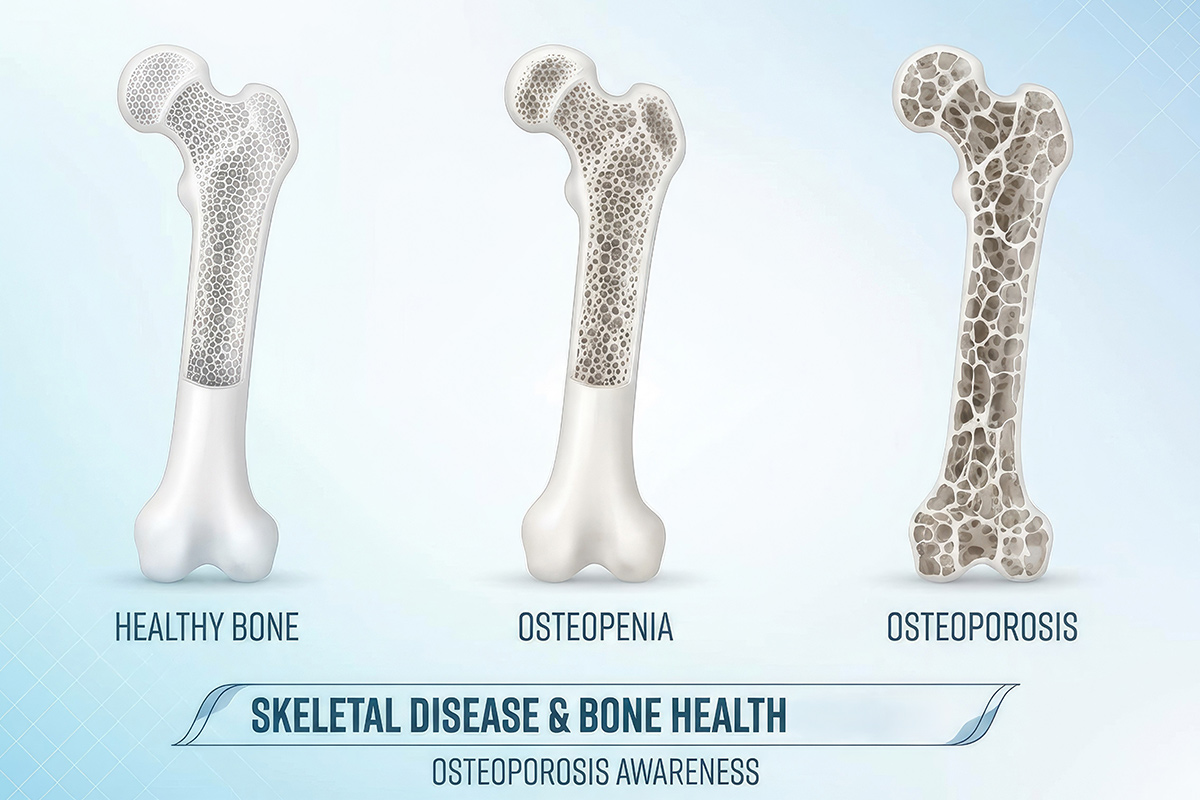 Comparison of healthy bone, osteopenia, and osteoporosis showing progressive bone density loss and fracture risk