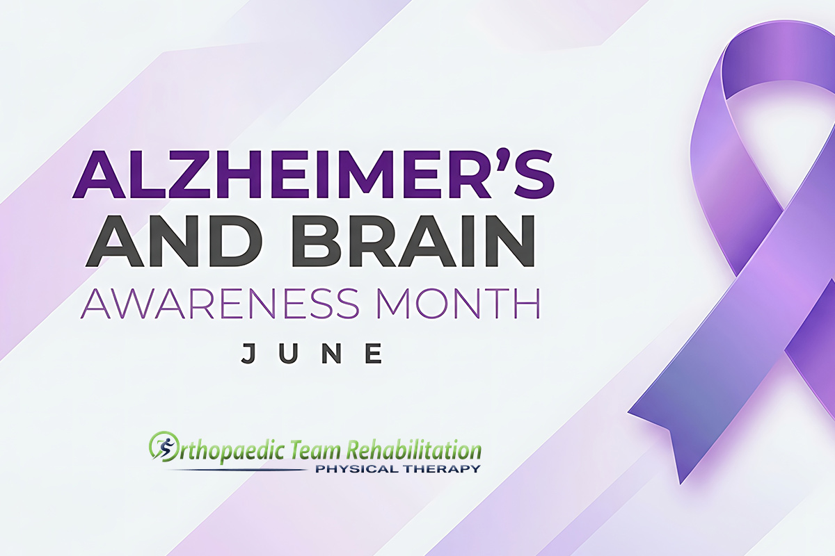Alzheimer’s and Brain Awareness Month graphic with purple awareness ribbon promoting physical therapy support for seniors and dementia care