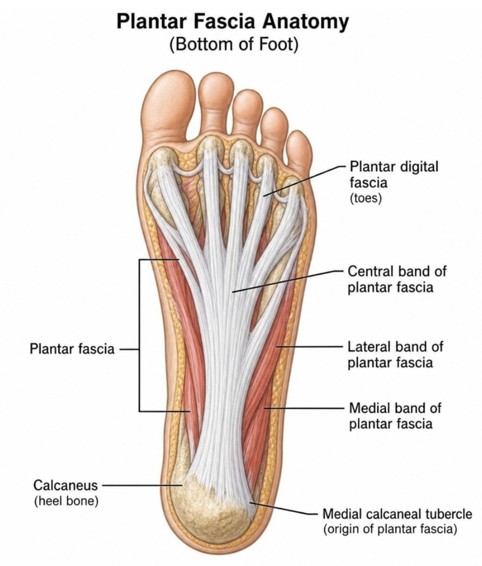 Illustration showing plantar fascia anatomy on the bottom of the foot, including the heel bone, arch, and connective tissue involved in plantar fasciitis.