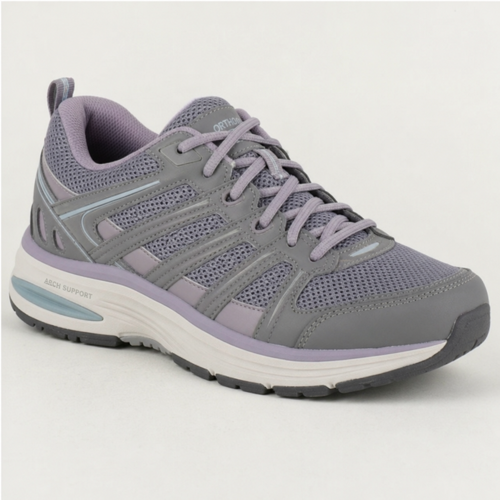 Supportive walking shoe with cushioning and arch support commonly recommended for individuals with plantar fasciitis and heel pain.