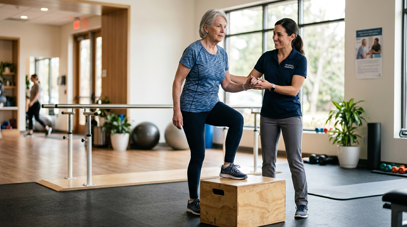 Personalized Physical Therapy for Better Movement and Wellness Physical therapist guiding a patient through a personalized therapeutic exercise in a bright outpatient clinic.