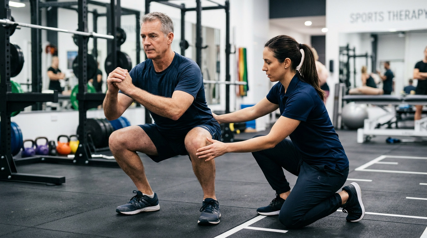 Strength Training and Wellness Through Physical Therapy Physical therapist guiding a patient through a squat exercise to improve strength, balance, and overall wellness