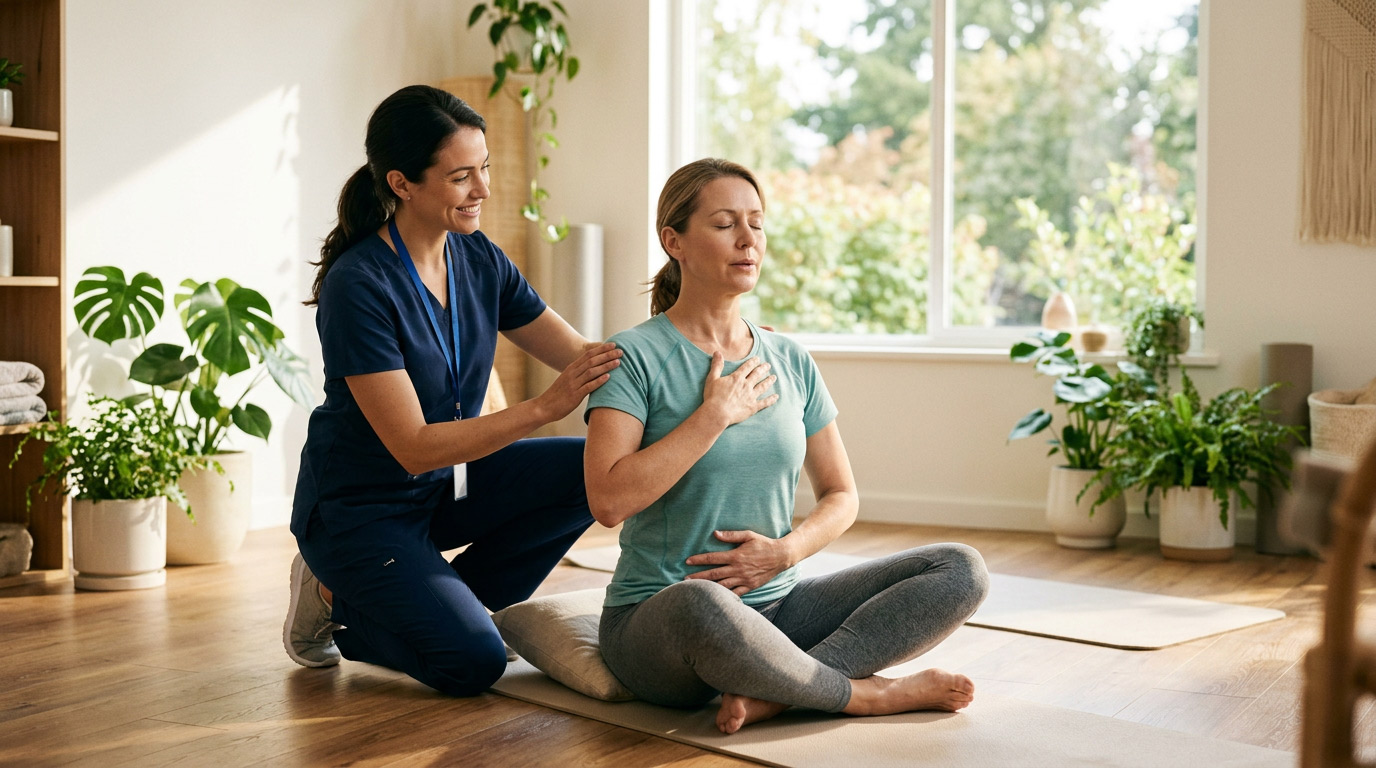 Physical Therapy for Wellness, Mobility, and Healthy Living Physical therapist guiding a patient through breathing and posture exercises to support wellness, mobility, and overall health