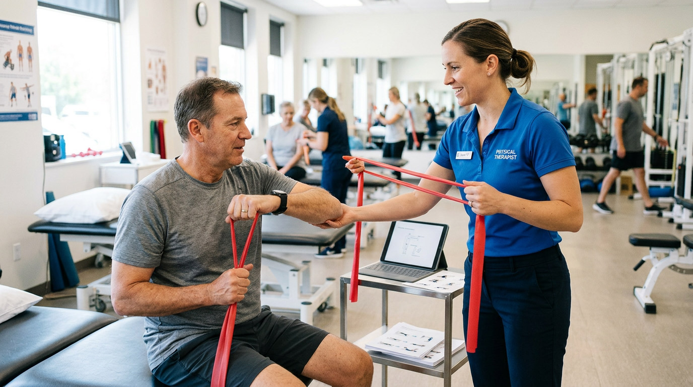 Personalized Physical Therapy for Health and Wellness Physical therapist assisting a patient with resistance band exercises to improve strength, mobility, and overall physical wellness