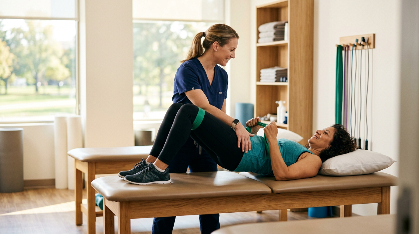 Personalized Physical Therapy for Better Movement and Wellness Physical therapist guiding a patient through a personalized therapeutic exercise in a bright outpatient clinic.