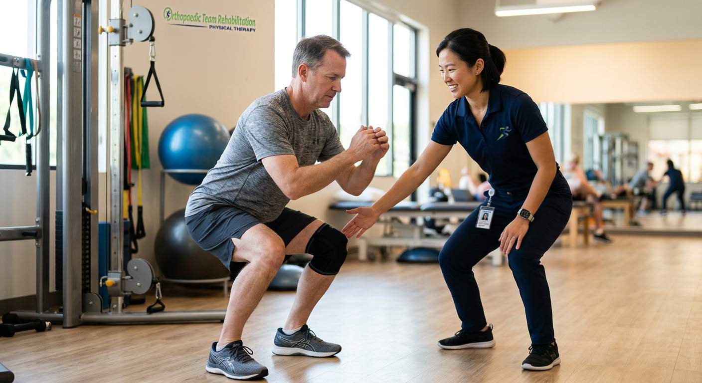 Knee Pain Physical Therapy in Warren MI | Orthopaedic Team Rehabilitation Patient performing a supervised squat exercise with a physical therapist at Orthopaedic Team Rehabilitation Physical Therapy in Warren, MI for knee pain treatment and rehabilitation.