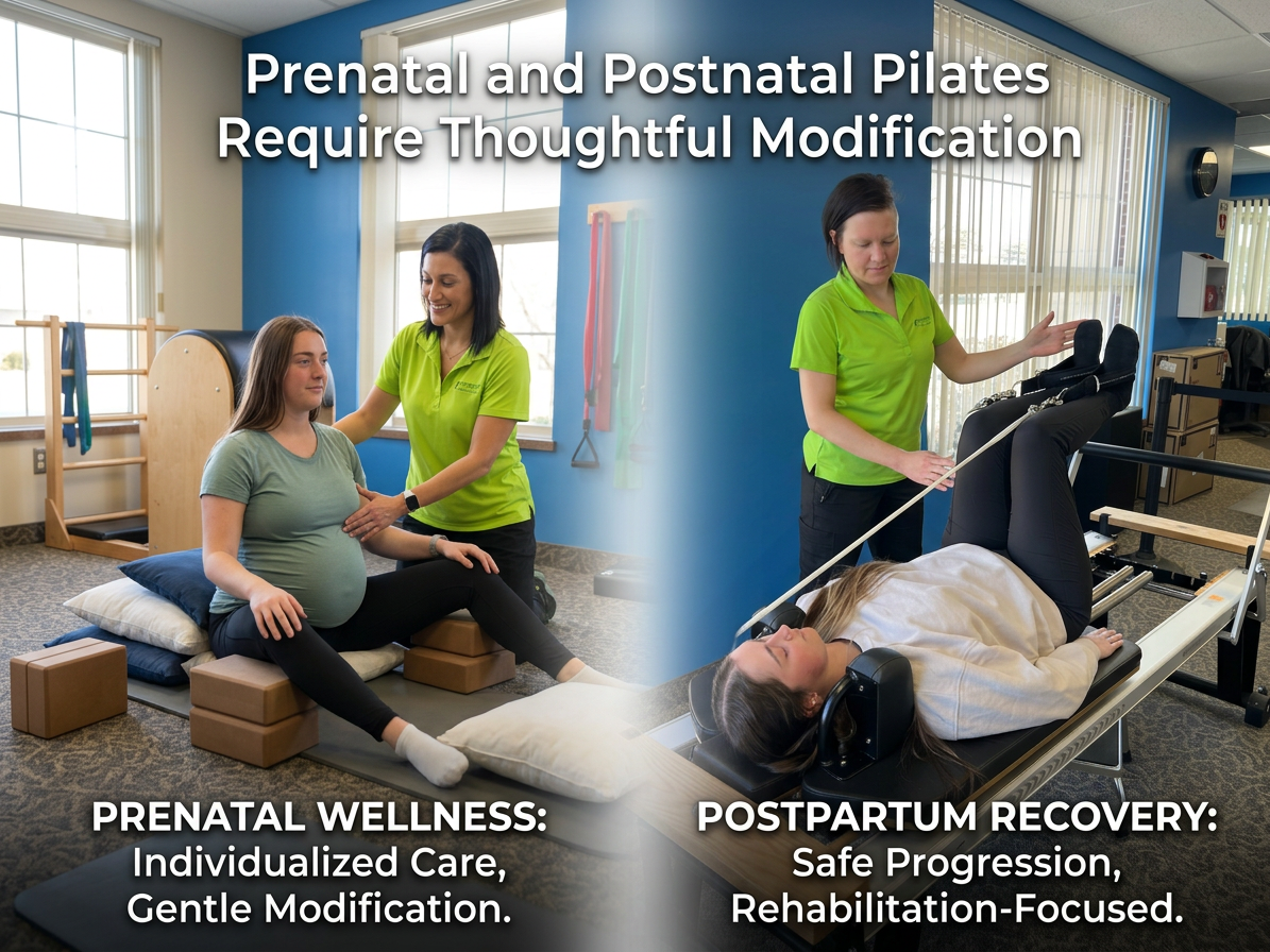 Prenatal mat Pilates and postnatal reformer Pilates exercises performed under the guidance of a physical therapist, demonstrating safe, individualized movement during pregnancy and postpartum recovery.