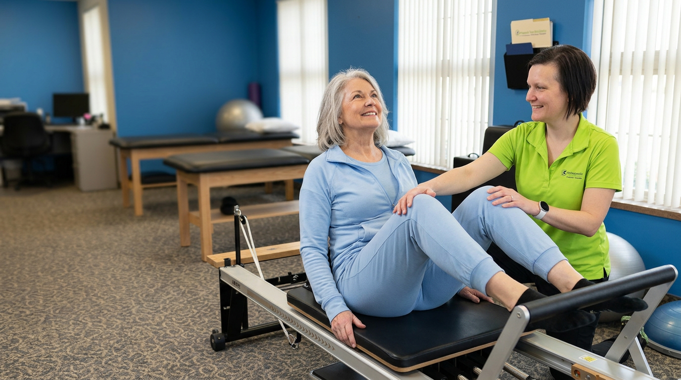 Older adult performing a Clinical Pilates reformer exercise under the guidance of a physical therapist to improve strength, balance, mobility, and confidence.